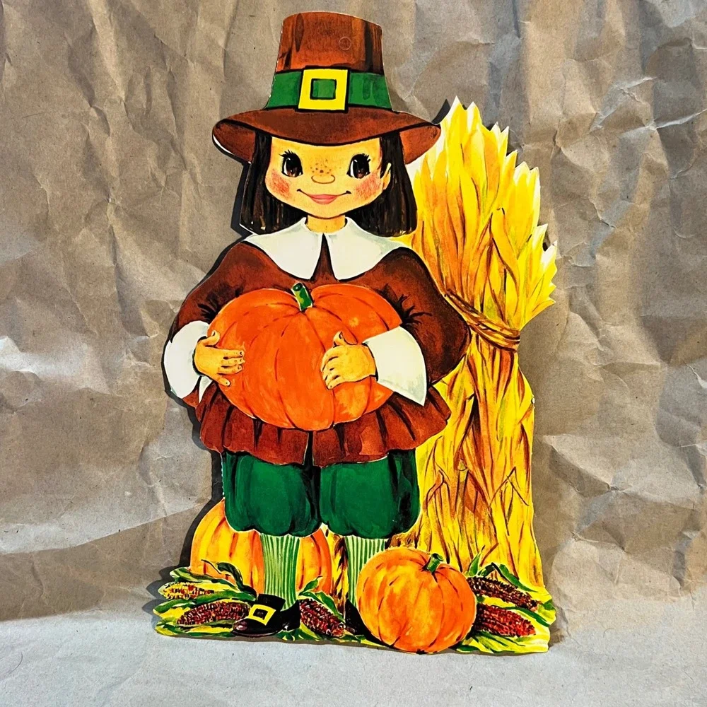 Vintage Thanksgiving Paper Cutouts 3pc Set Pilgrim Boy Girl Turkey Multi-Color